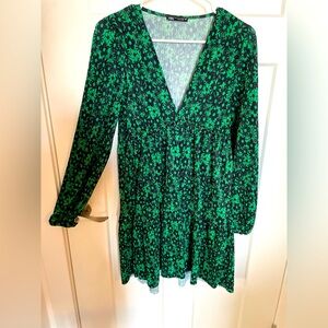 Zara- never worn, size medium mini dress, green & black, low cut in neck.